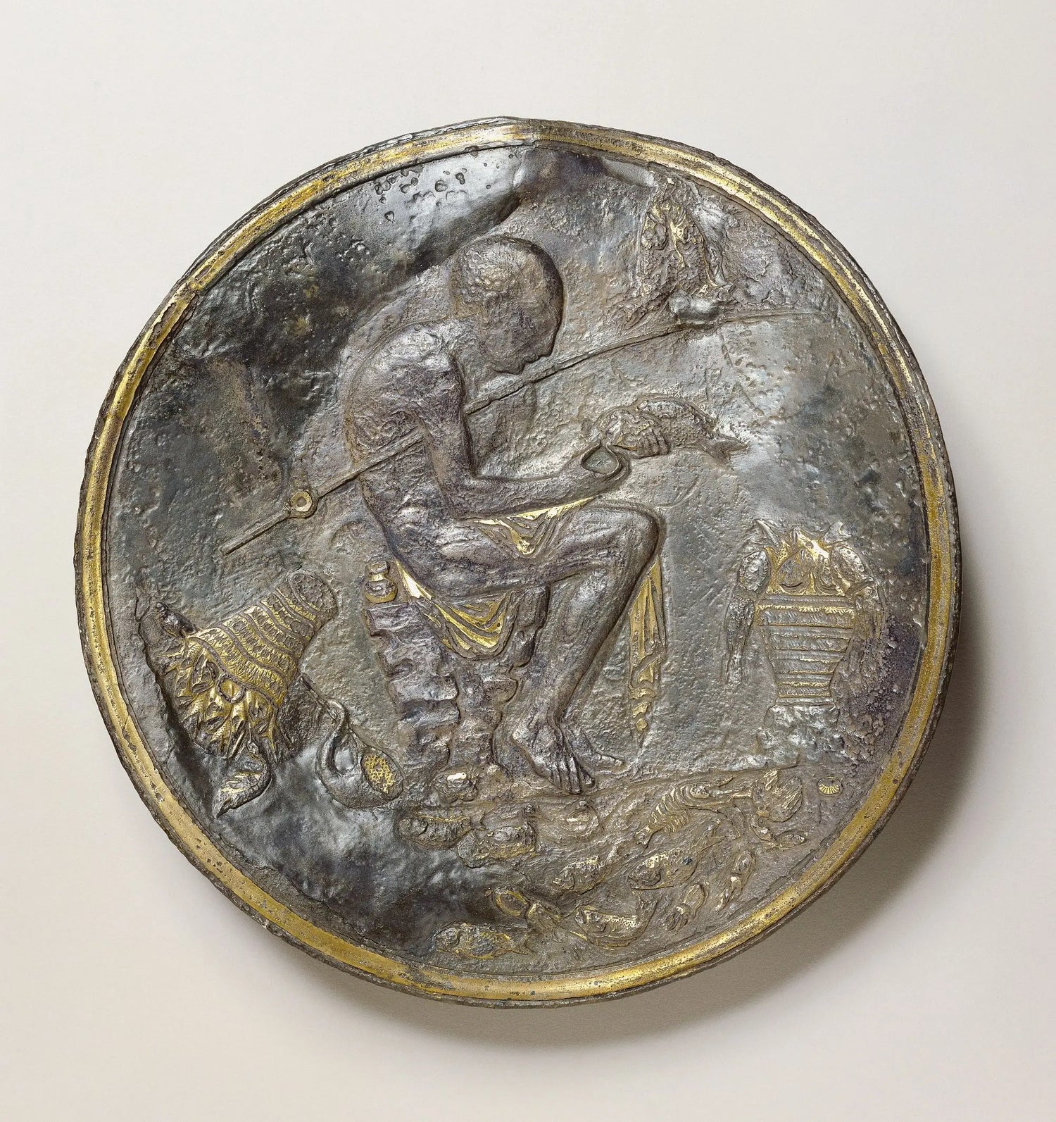 Silver Plate Depicting a Fisherman Removing a Fish From His Line