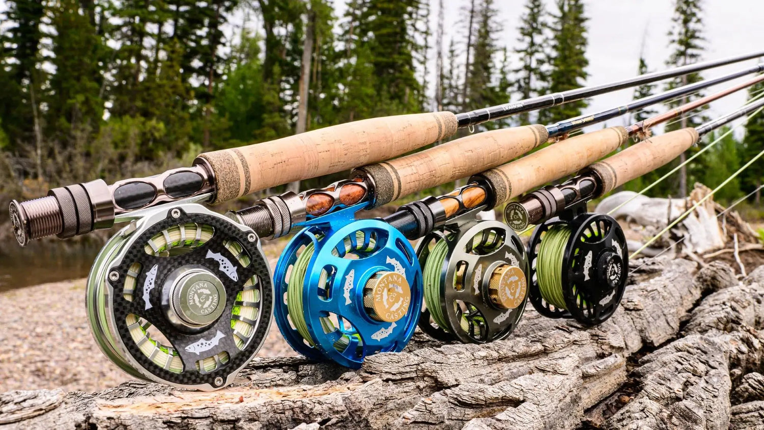 Fly Rod Combos Lined up on a Log