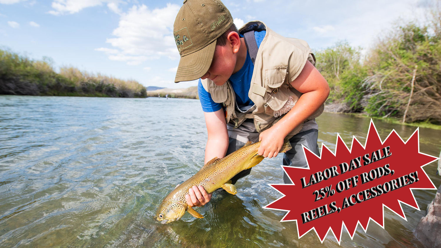 Fly Fisher Releasing a Brown Trout in a River with Sales Advertisement