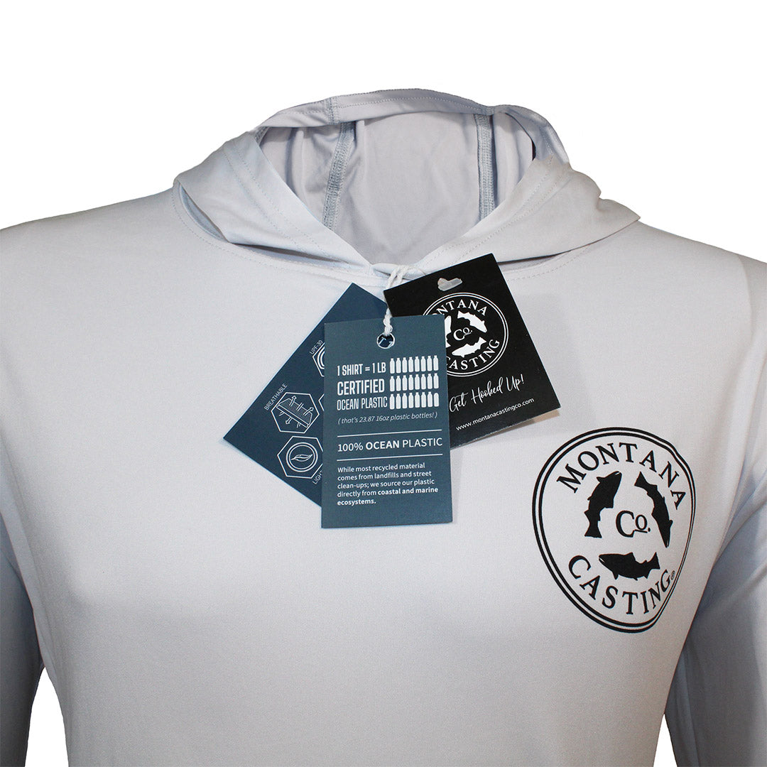 Grey Fly Fishing Hoody MCCo Logo Front View Showing Recycled Ocean Plastic