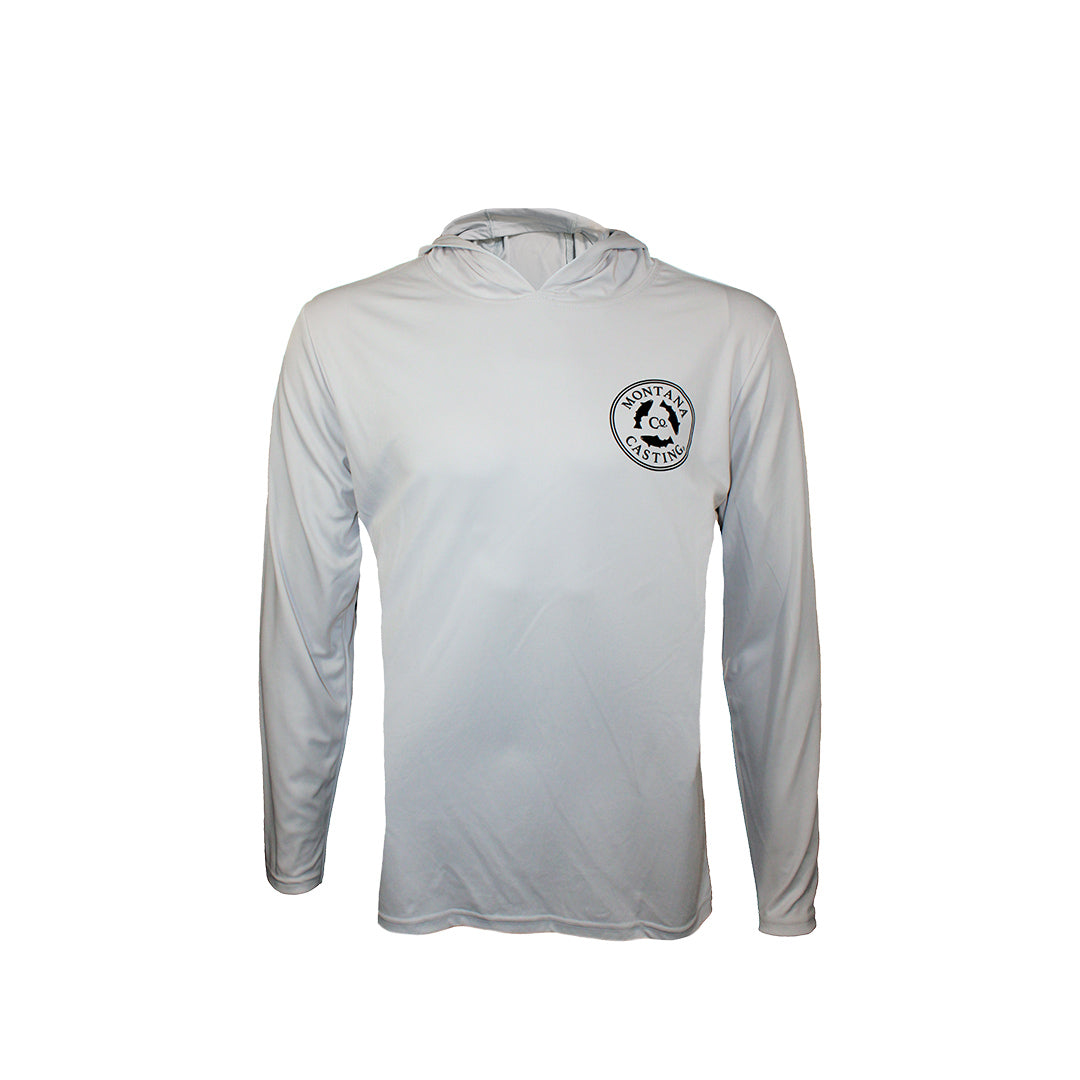 Grey Fly Fishing Hoody MCCo Logo with Hood Down