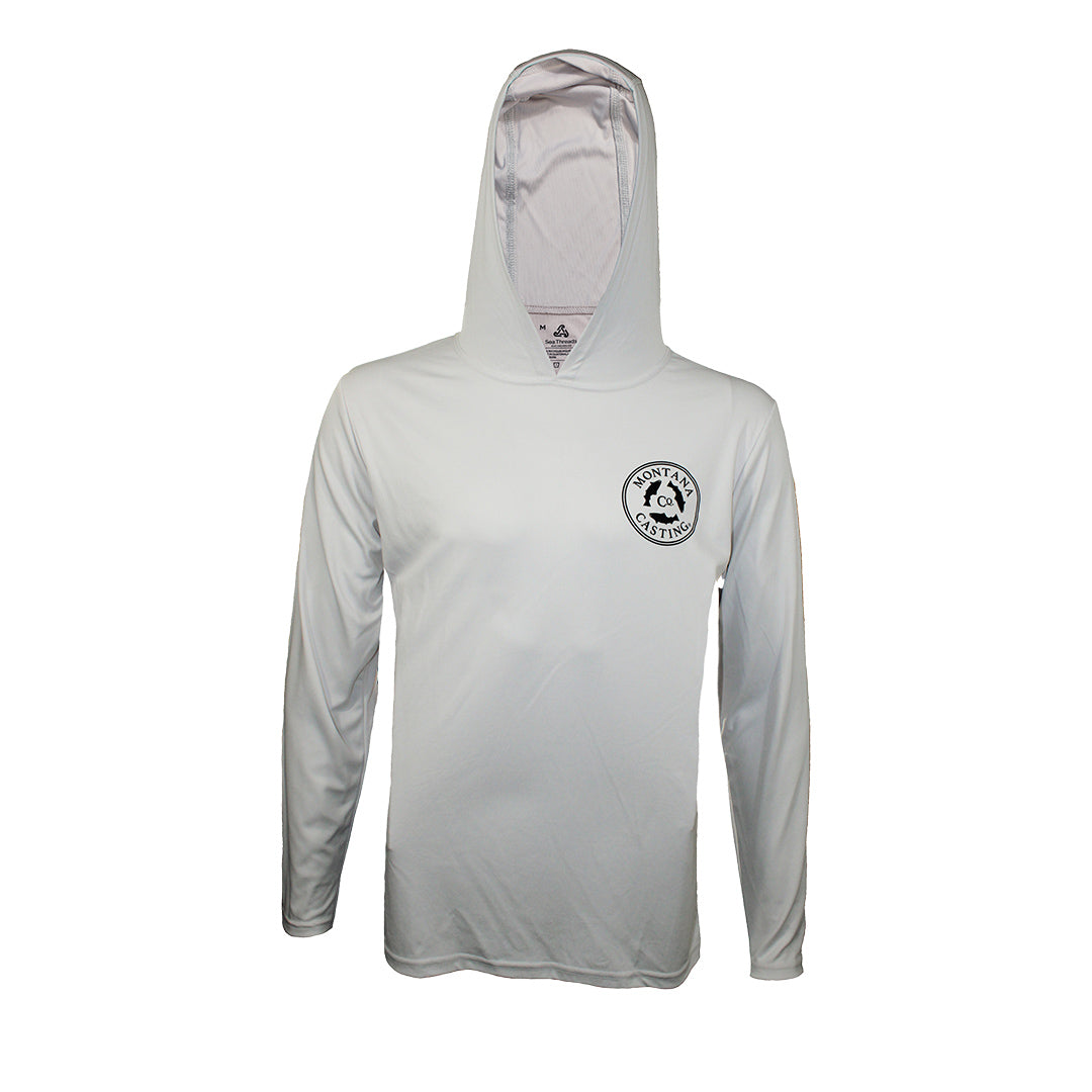 Grey Fly Fishing Hoody Montana Casting Co. Logo Hood Up