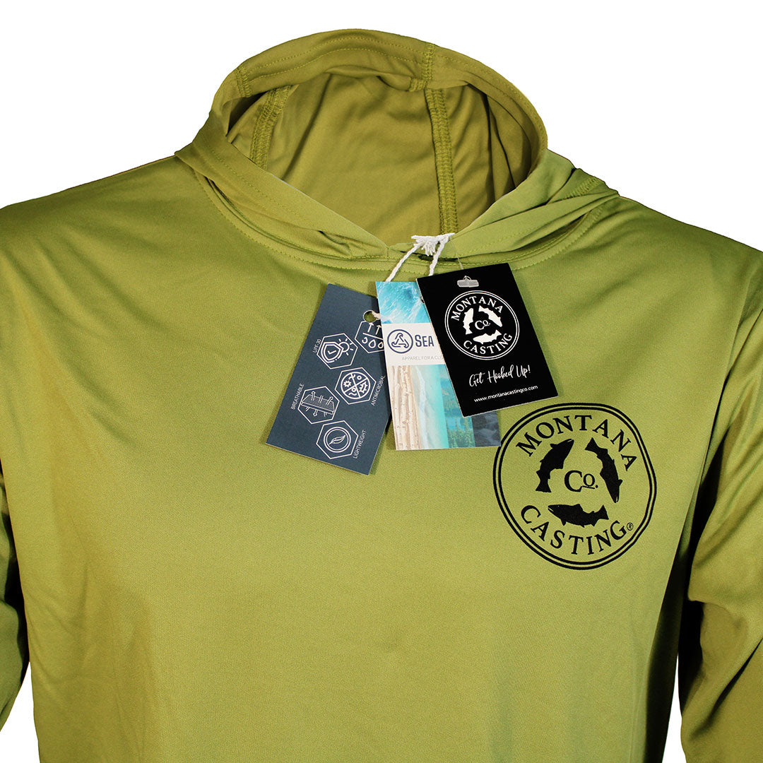 Green Fly Fishing Hoody MCCo Logo Front View Showing Recycled Ocean Plastic