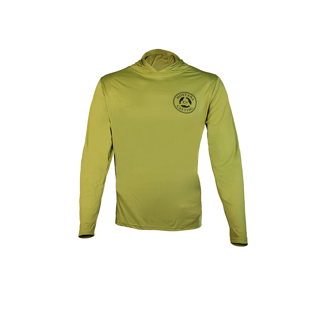 Green Fly Fishing Hoody Montana Casting Co. Logo with Hood Down