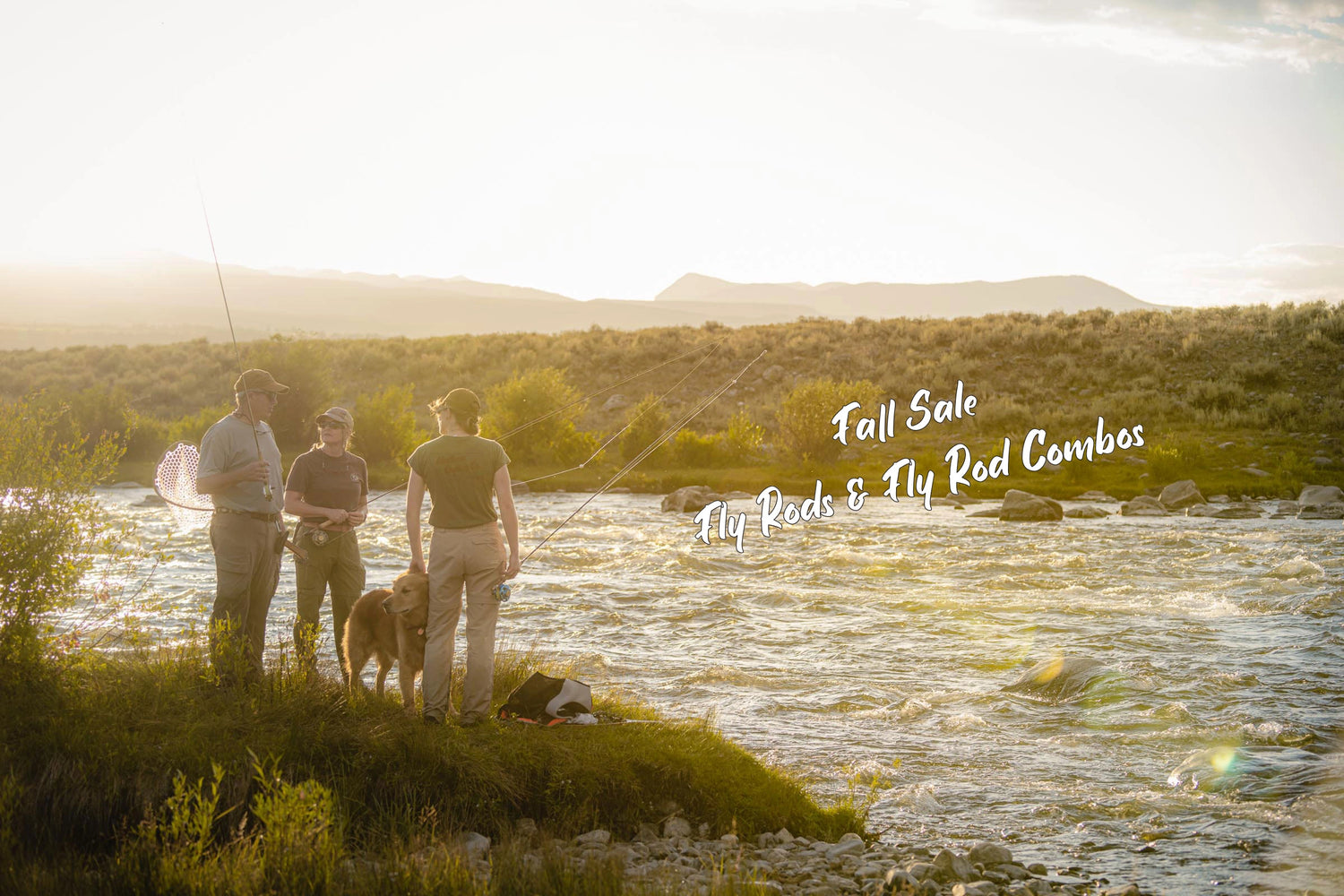 Three people and a dog by a river with 'Fall Sale Fly Rod Combos' text overlay.