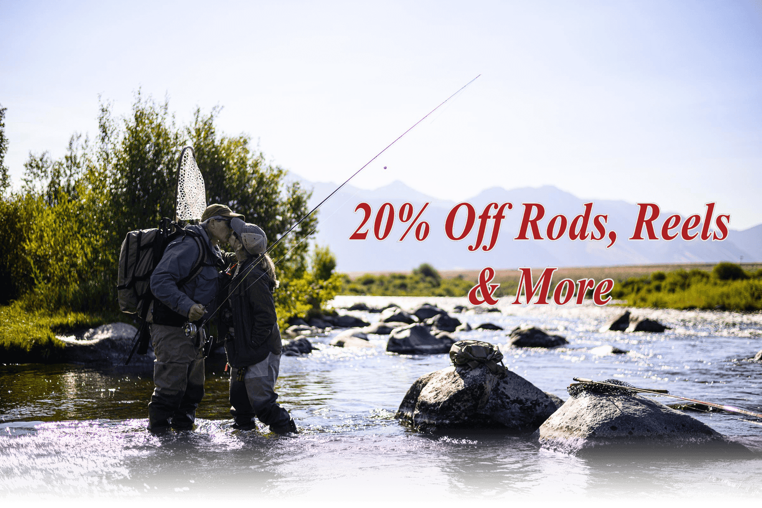 Two people fly fishing in a river with a fly rod sale announcement