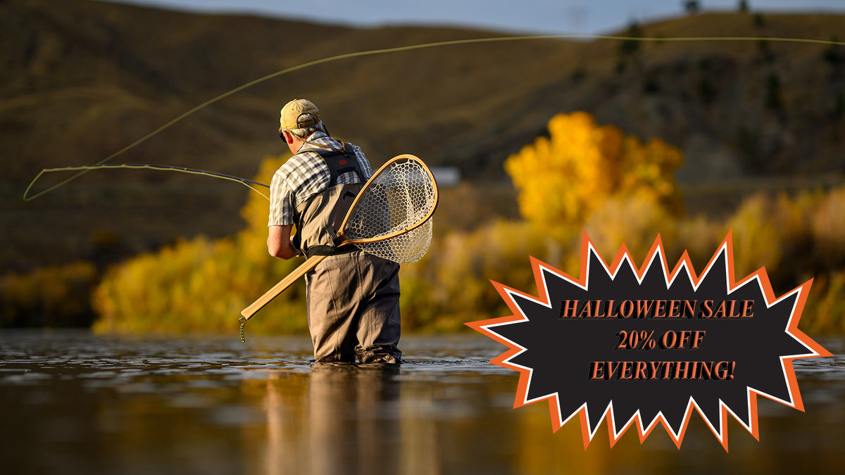 Fisherman casting a fly rod with Halloween promotion overlaid