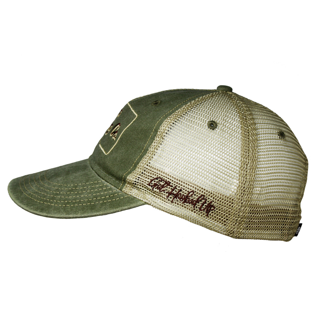 Side View - Green Mesh Back Fly Fishing Hat with Montana State Outline Logo