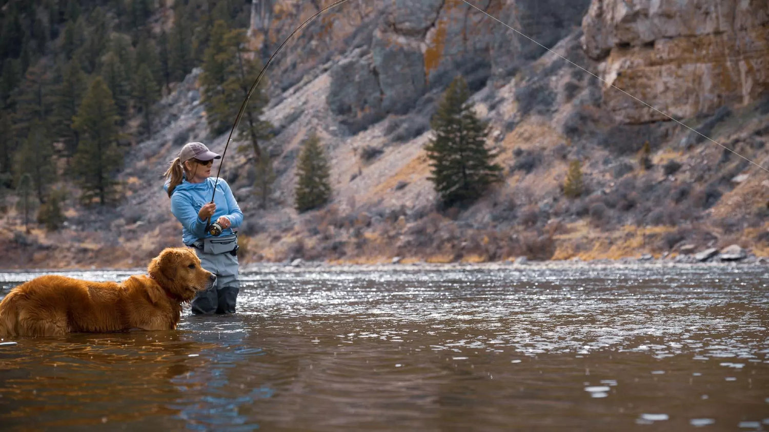 Dog with Woman Reeling in a Trout on a Craig Fly Rod Combo