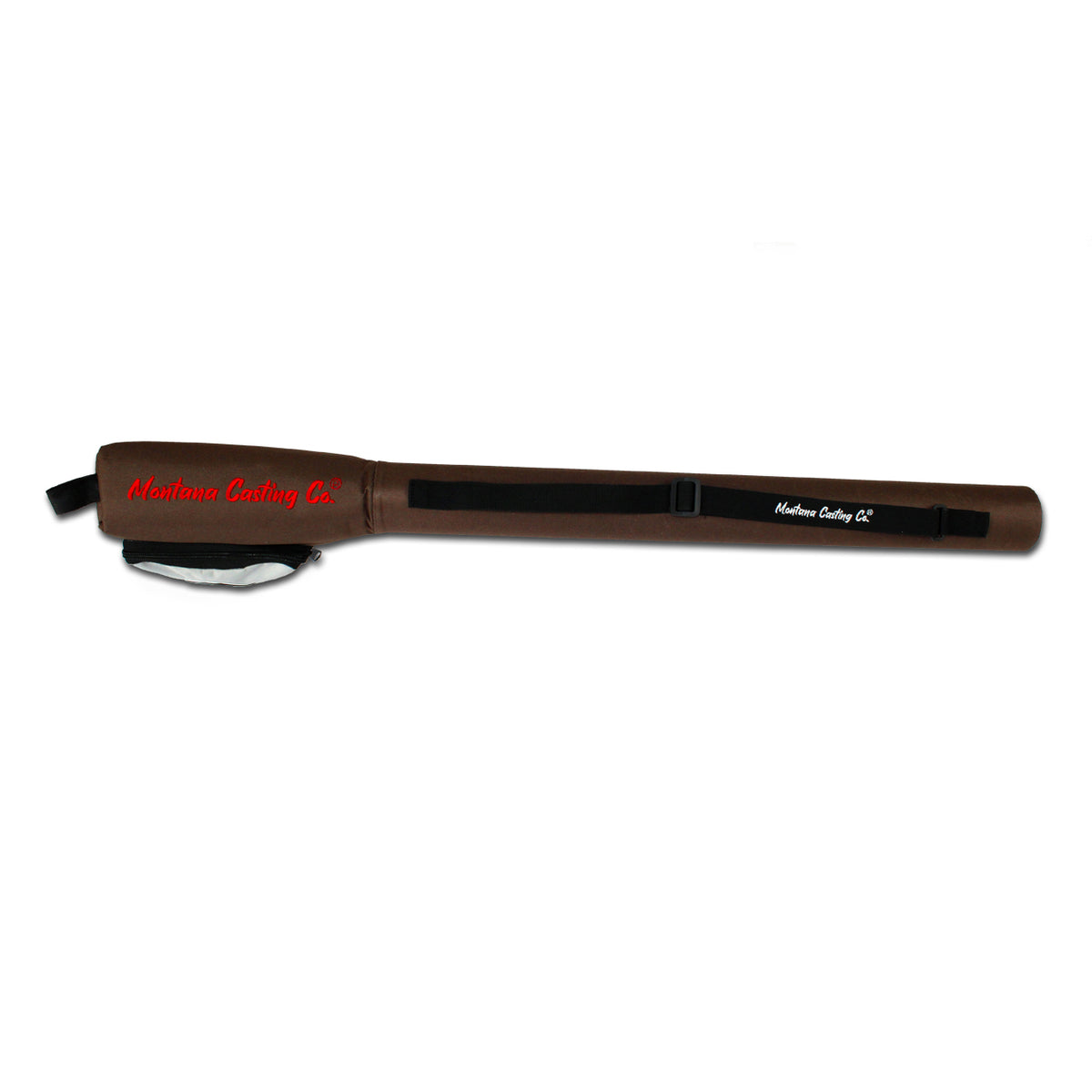 Side view of brown fly rod and reel case showing imprint of Montana Casting Co.
