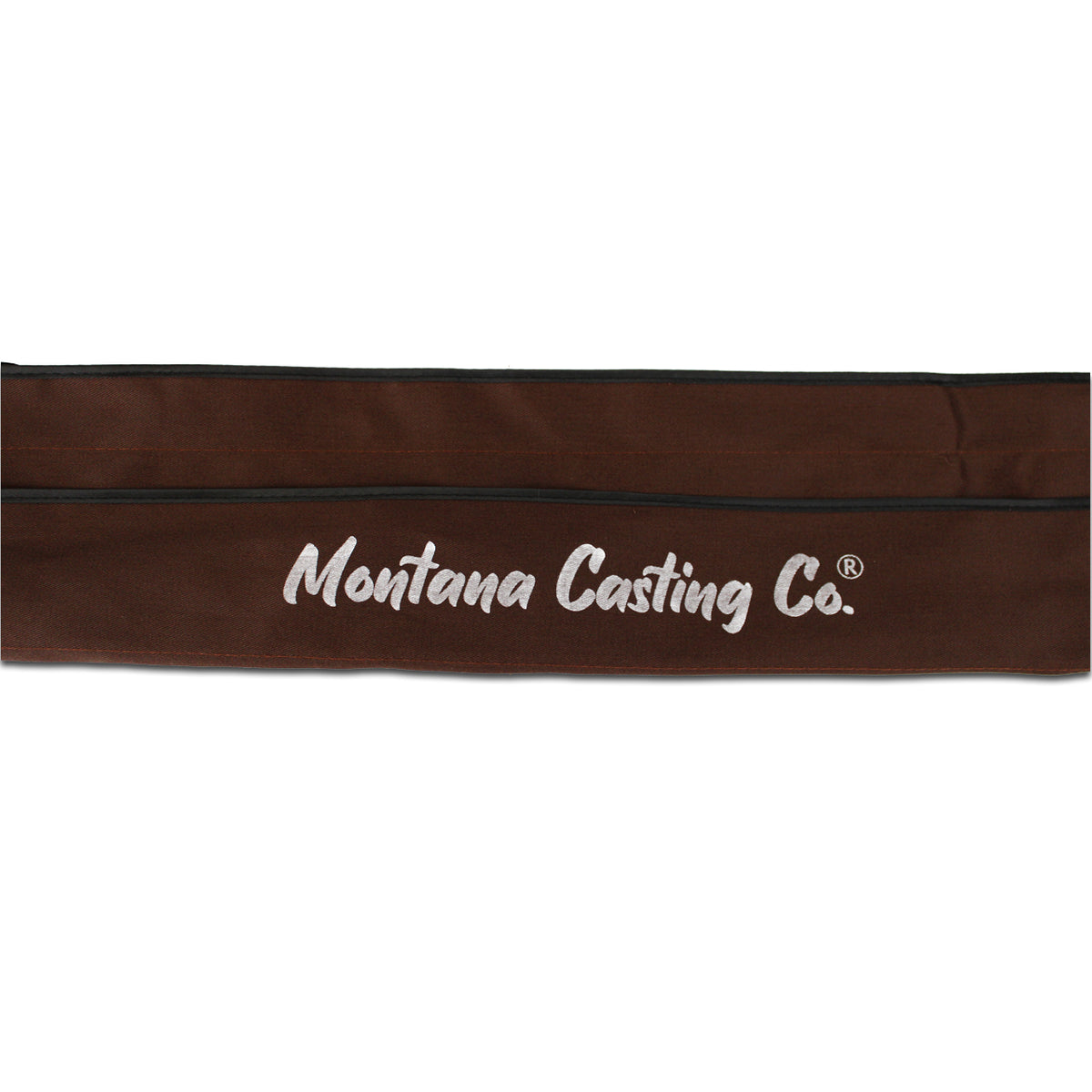 Brown fly rod sock with Montana Casting Co. printed on it