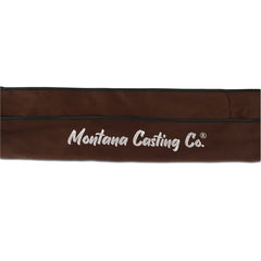 Brown fly rod sock with Montana Casting Co. printed on it