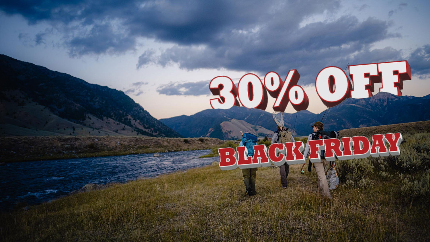 Black Friday Sale Announcement Fishermen Walking Next to River