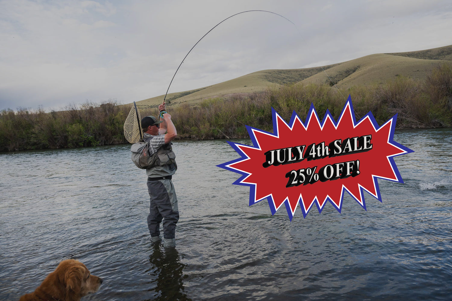 Fly Fisherman Holding a Fly Rod with July 4th Sale Announcement