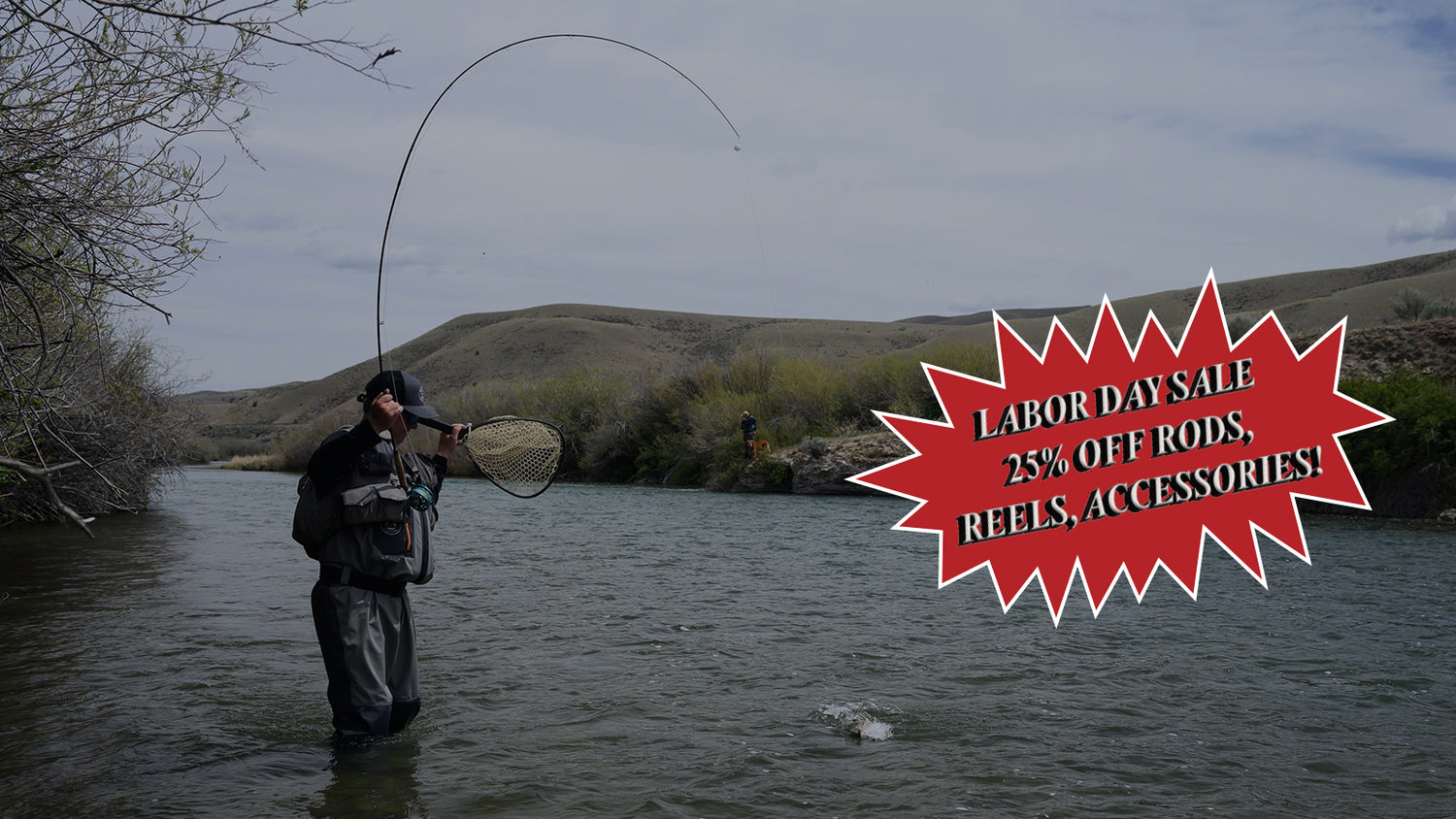 Ad for Fly Rod Reel Sale, Man Fly Fishing Fighting a Fish