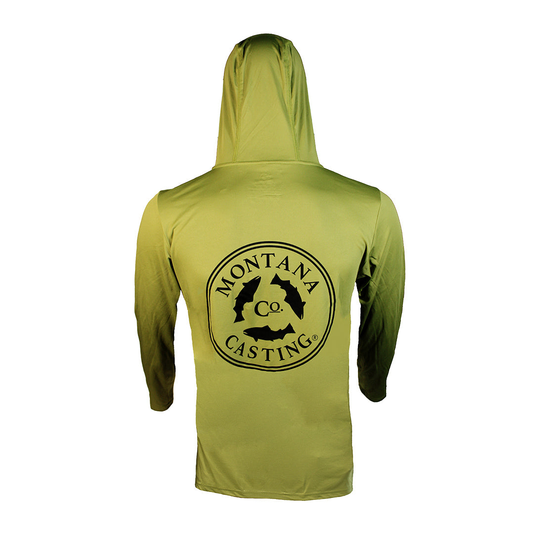 Green Fly Fishing Hoody with Montana Casting Company Logo Back View