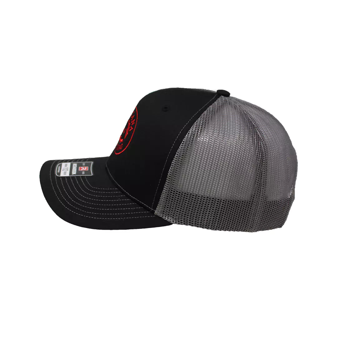 Logo Trucker Hat/Color~Red on Black with Grey Mesh