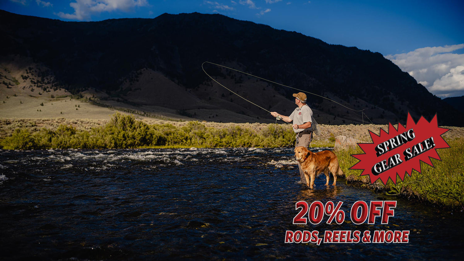 Man fly fishing with a dog with sale promotion