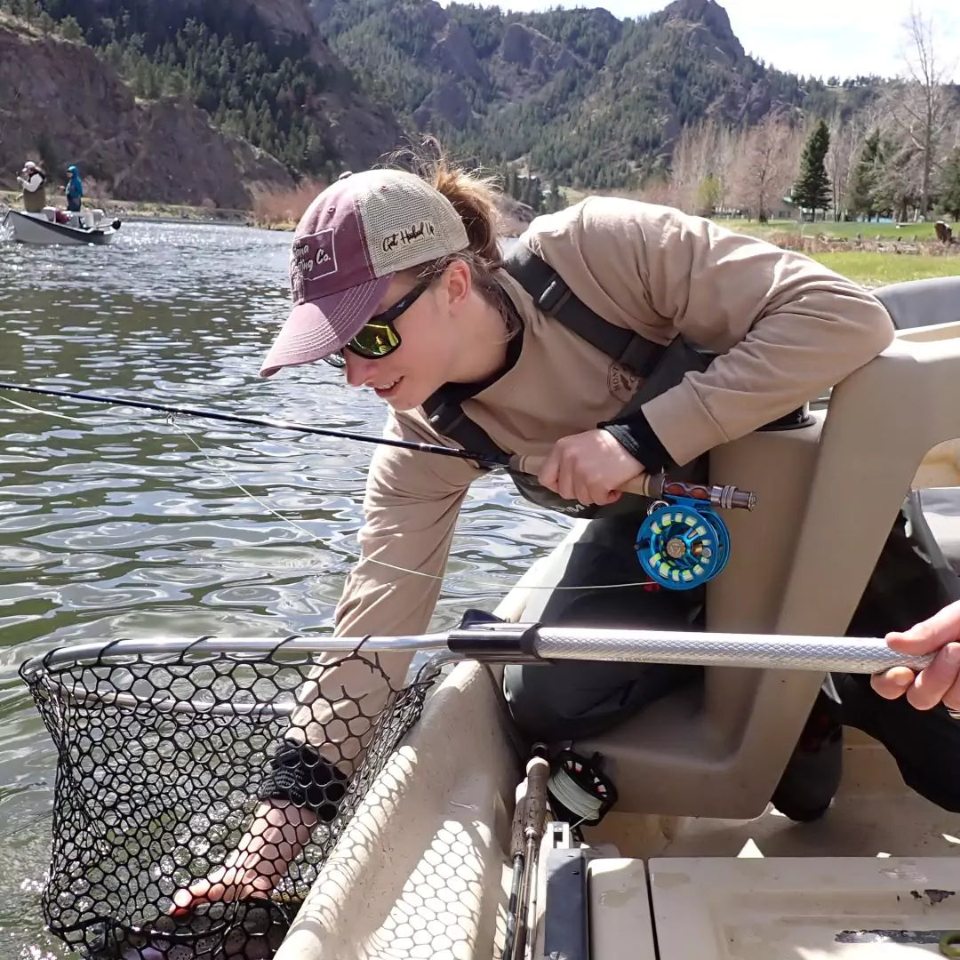 Netting a Rainbow Trout Caught with a Fly Rod and Reel