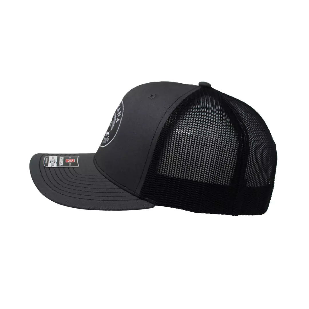 Logo Trucker Hat/Color~Silver on Grey with Black Mesh