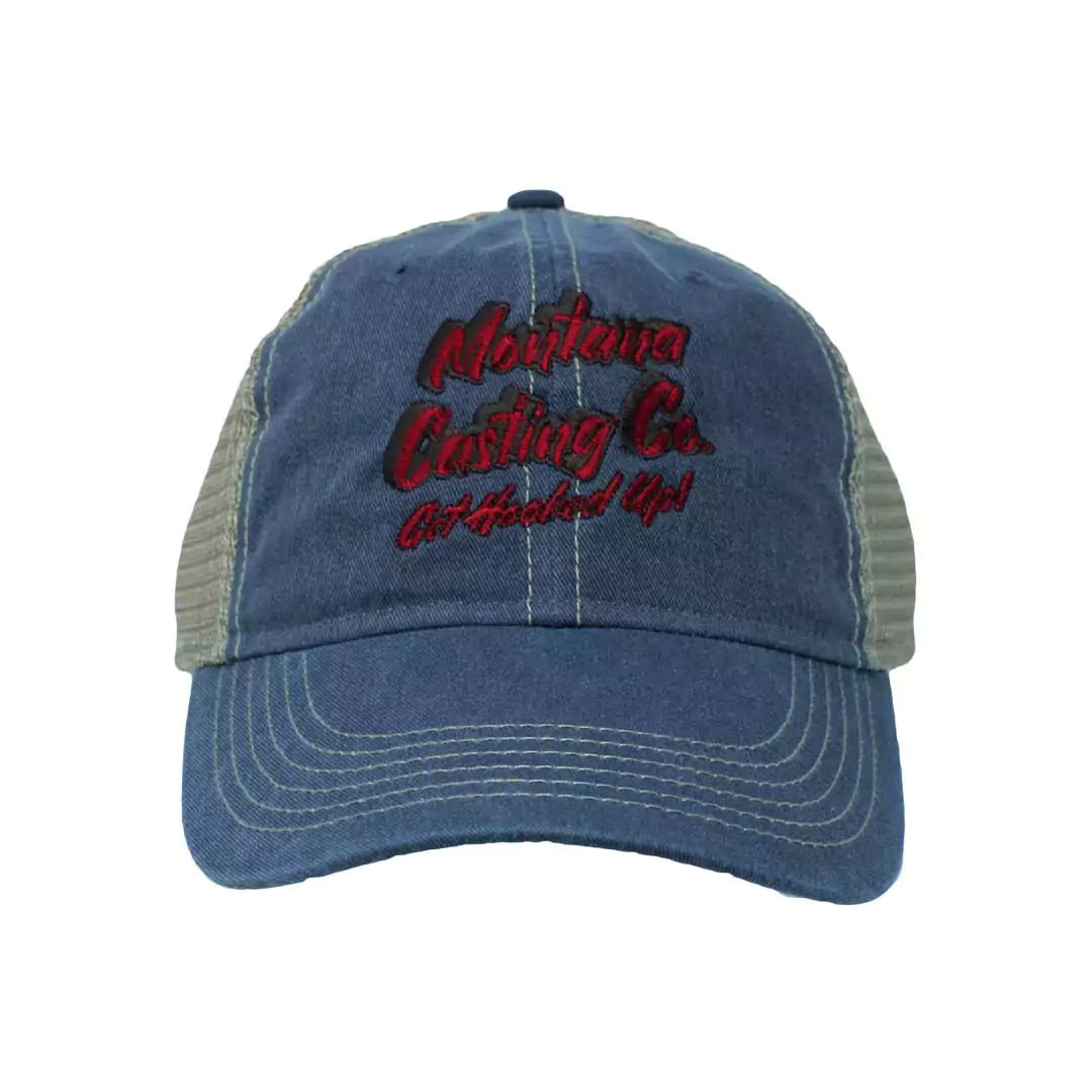 Montana Casting Co. Mesh-Back Hat/Color~Stonewashed Blue with Red